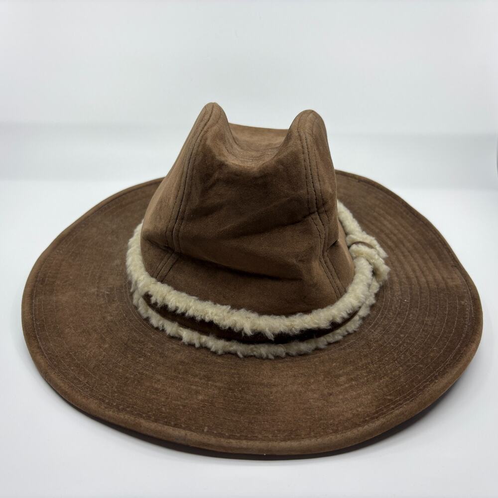 Vintage GW Faux Suede Western Cowboy Hat Sherpa Trimmed Band Large 7 1/4 / 7 3/8